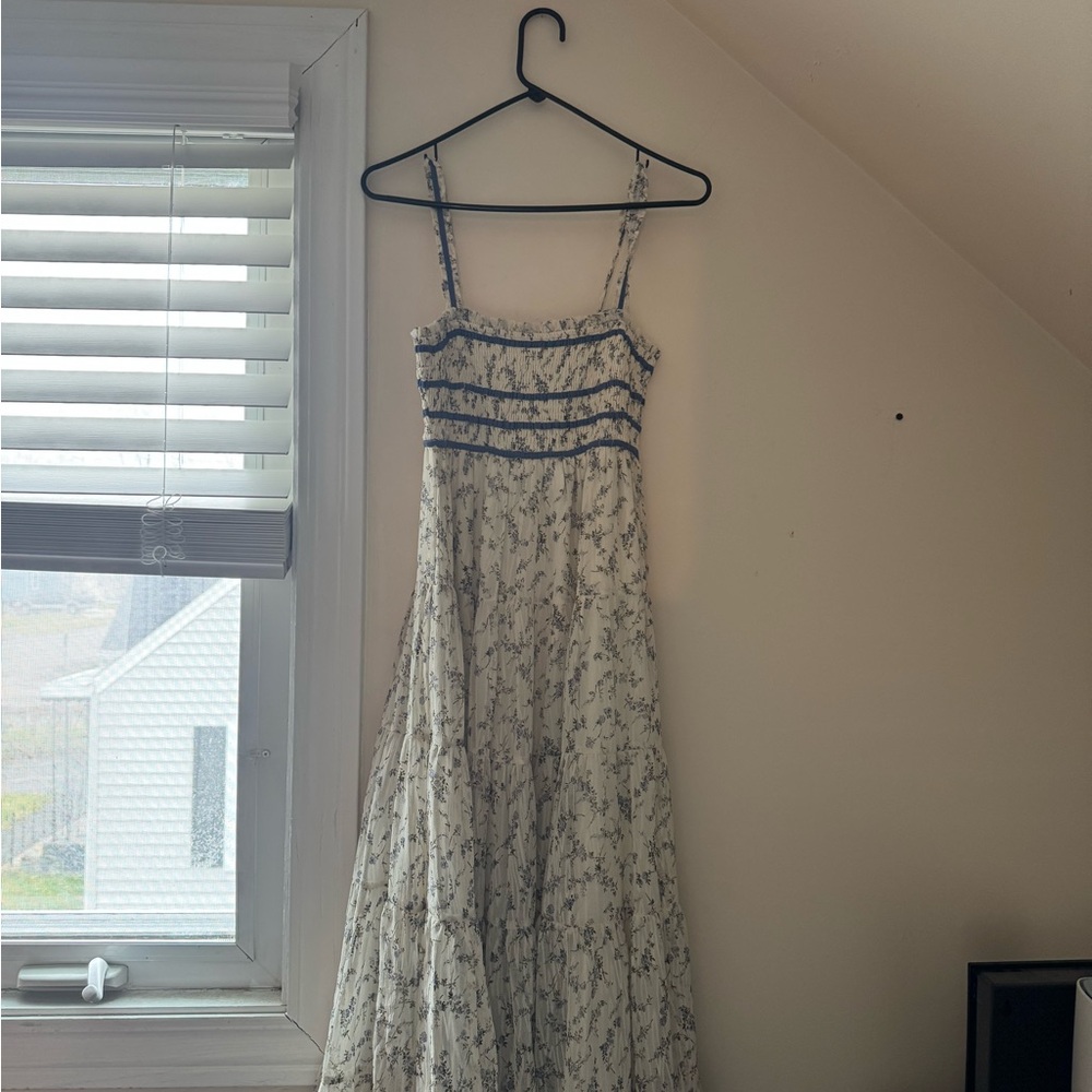 Storia White Maxi Dress with Navy Floral Print